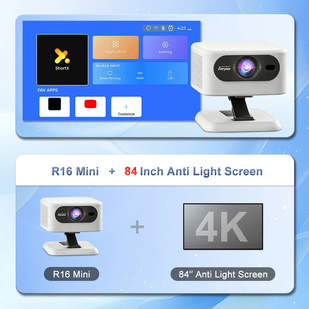 에브리컴 R16 미니 프로젝터 안드로이드+84인치 스크린 LED 광원 14000 루멘 자동 키스톤 보정