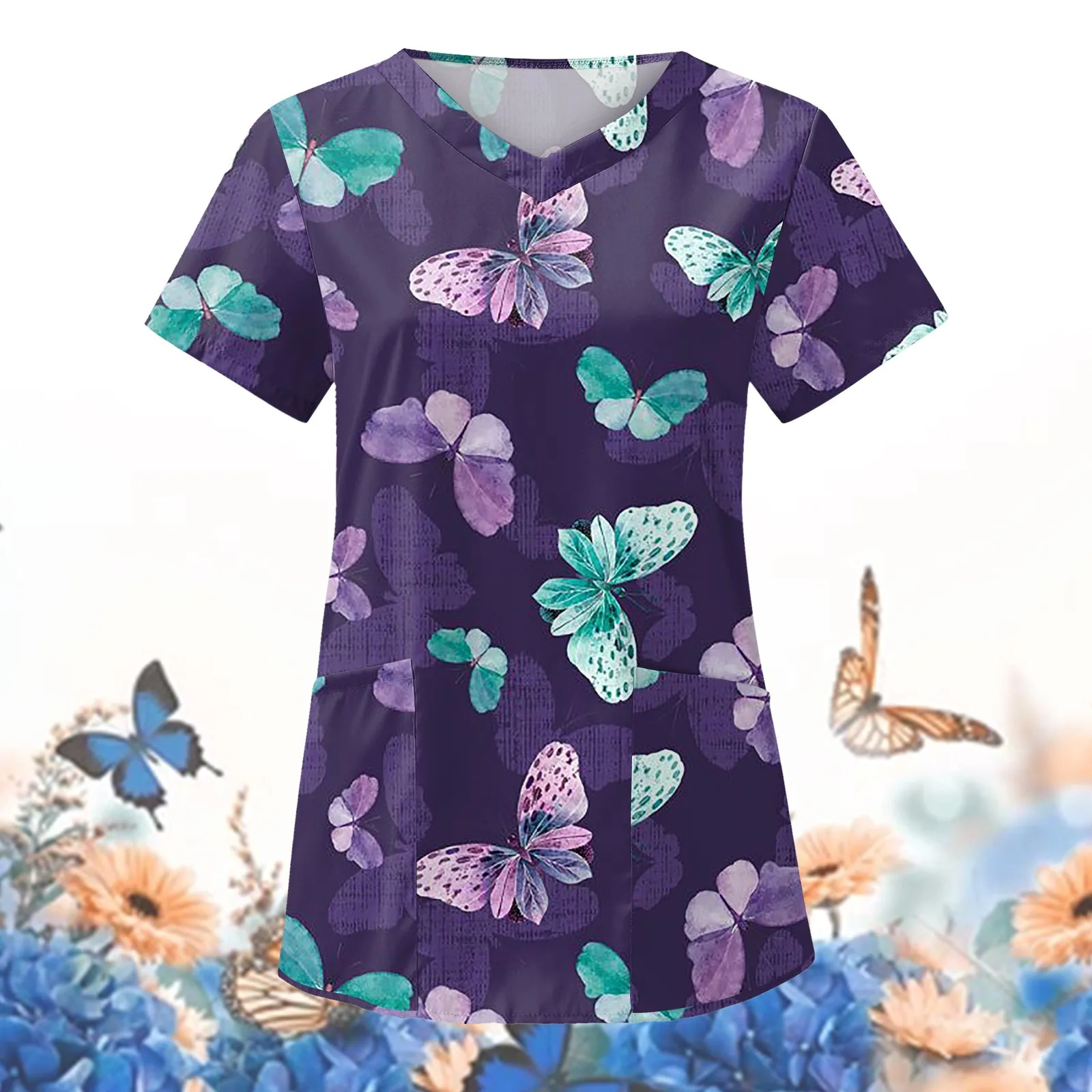 Nurse Uniform Women Short Sleeve Tops Working Uniform Blouse Butterfly Print Workwear Scrub Nursing Working Clothes