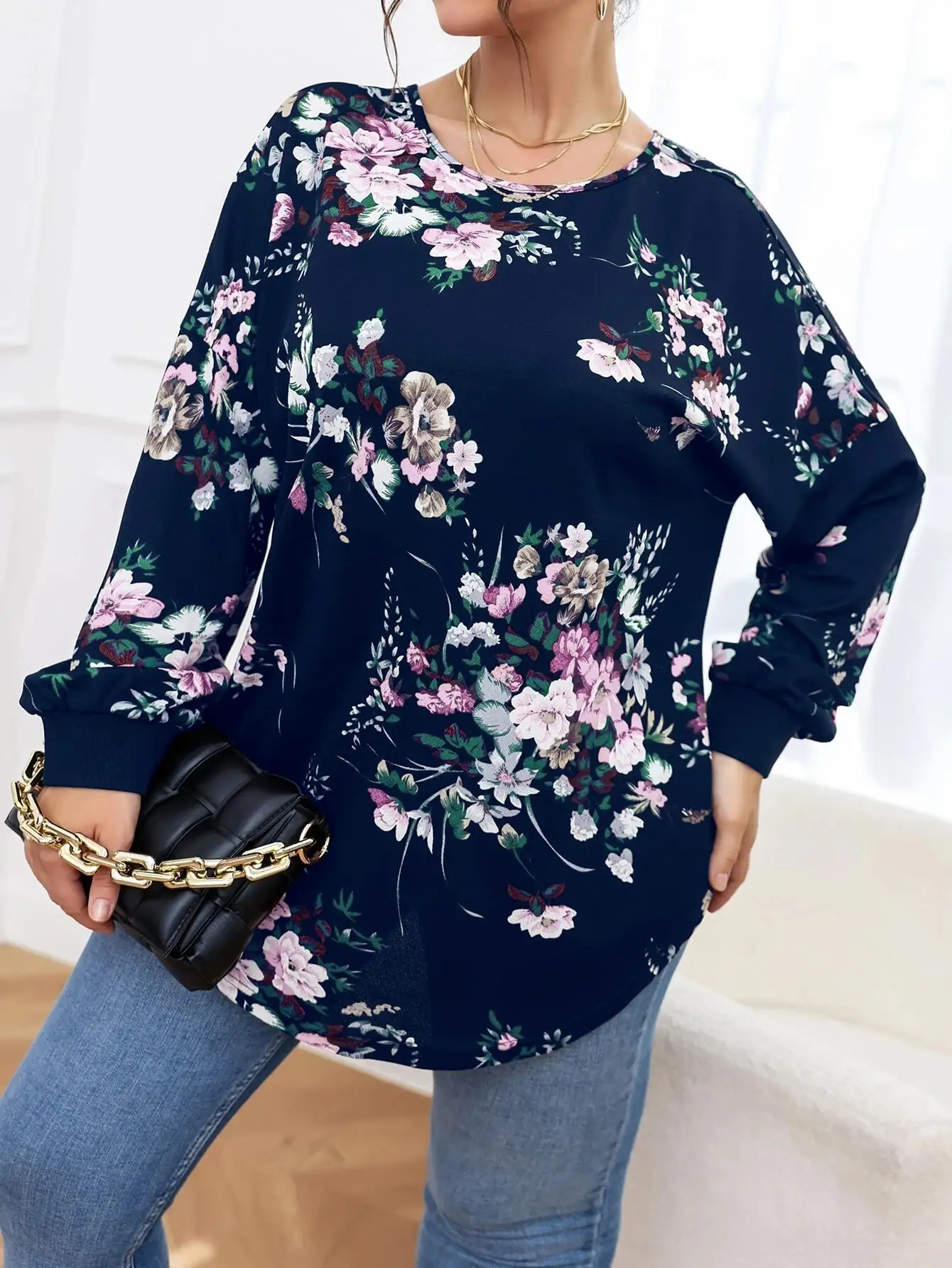 Finjani Cut Out Crisscross Back Print Blouse For Women's Crew-Neck Long Sleeves Casual Sexy Tops Plus Size Women 2023