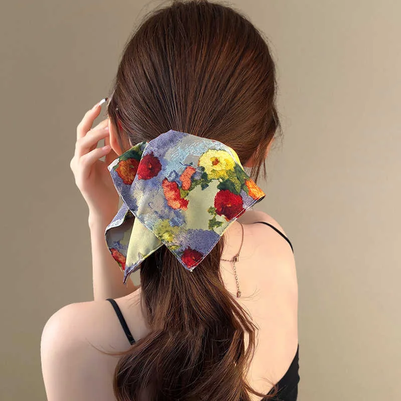 Elegant Floral Ruffled Edge Scrunchie - Vintage Oil Painting Design Hair Accessory