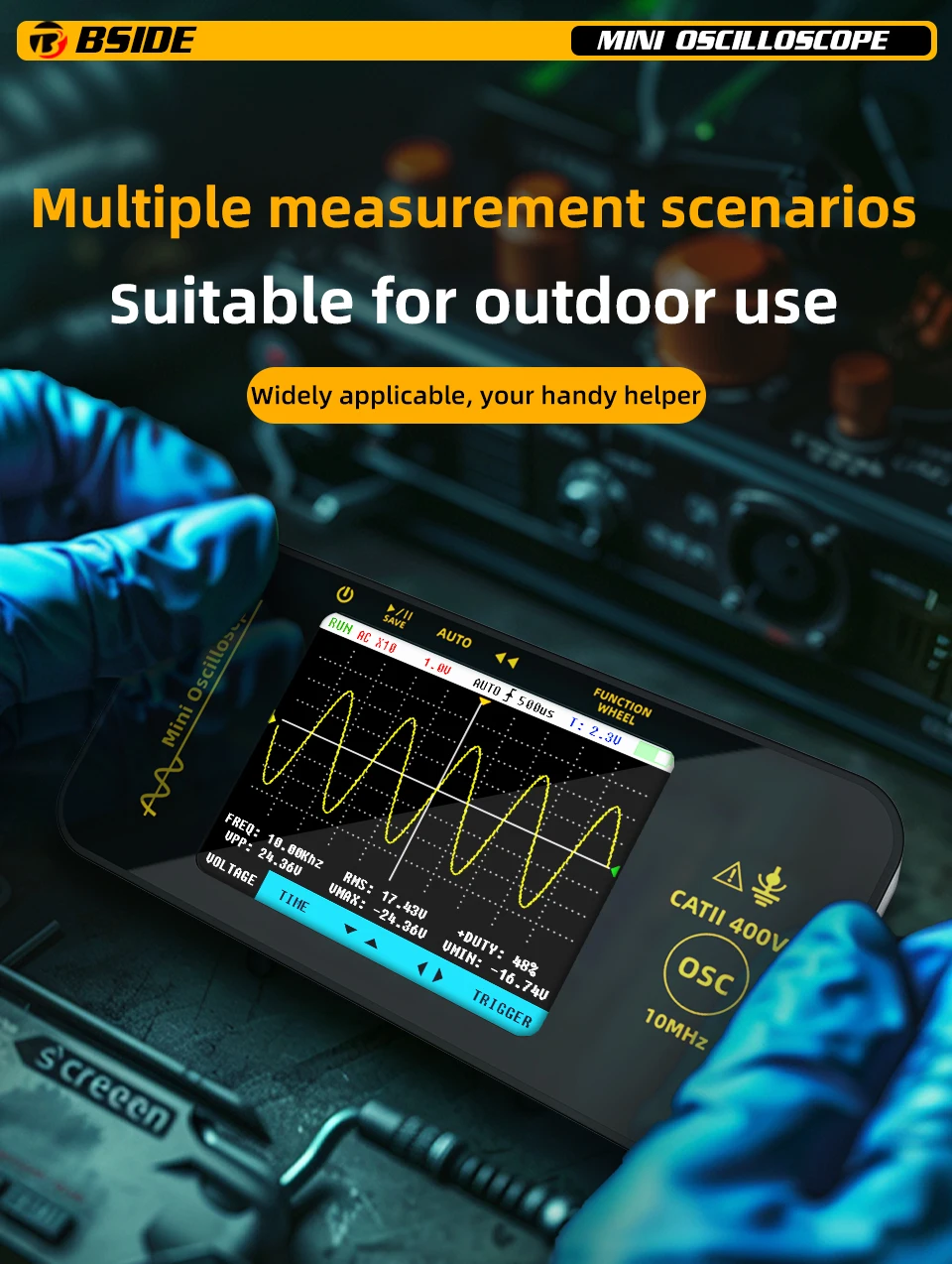 OT3 Handheld Oscilloscope 3.2” TFT LCD Digital Scope Tester, 10MHz/48MSa/s,Potab