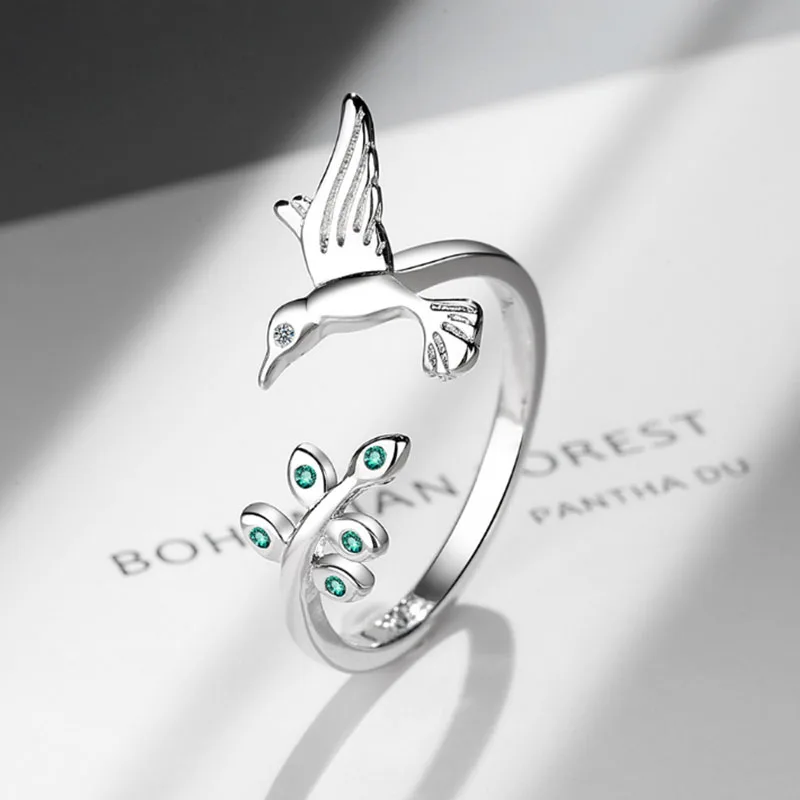 

925 Sterling Silver Flying Bird & Spring Tree Leaves Finger Ring for Women Ladies Adjustable Hummingbirds Engagement Jewelry