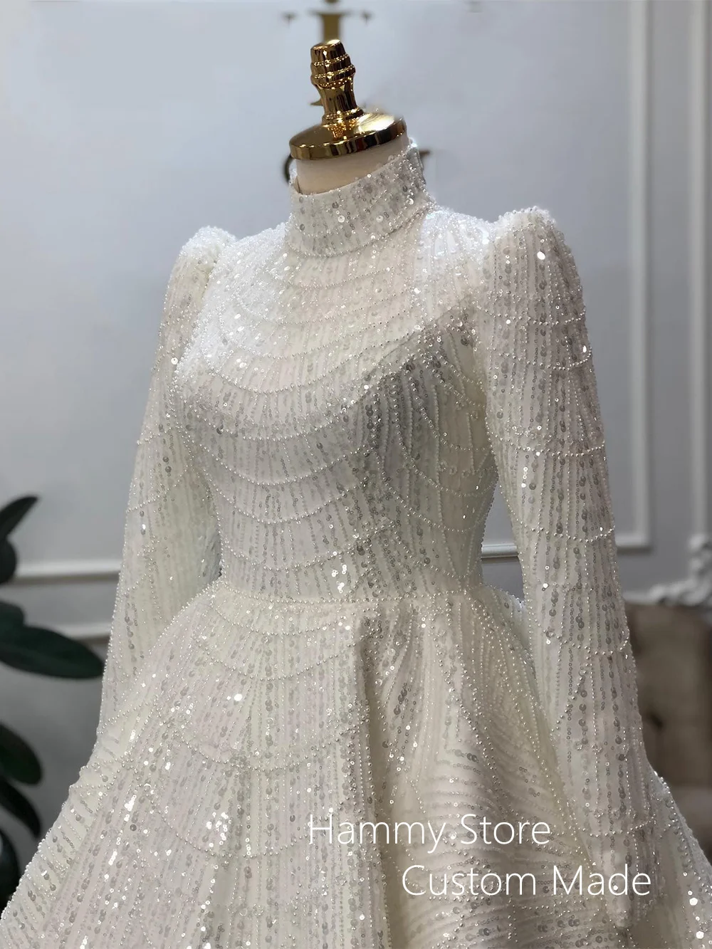 Exquisite Beading Wedding Dress Muslim Bridal Gown High Neck Pearls Sequined A Line Islamic Bride Dresses Robe De Mariage 3