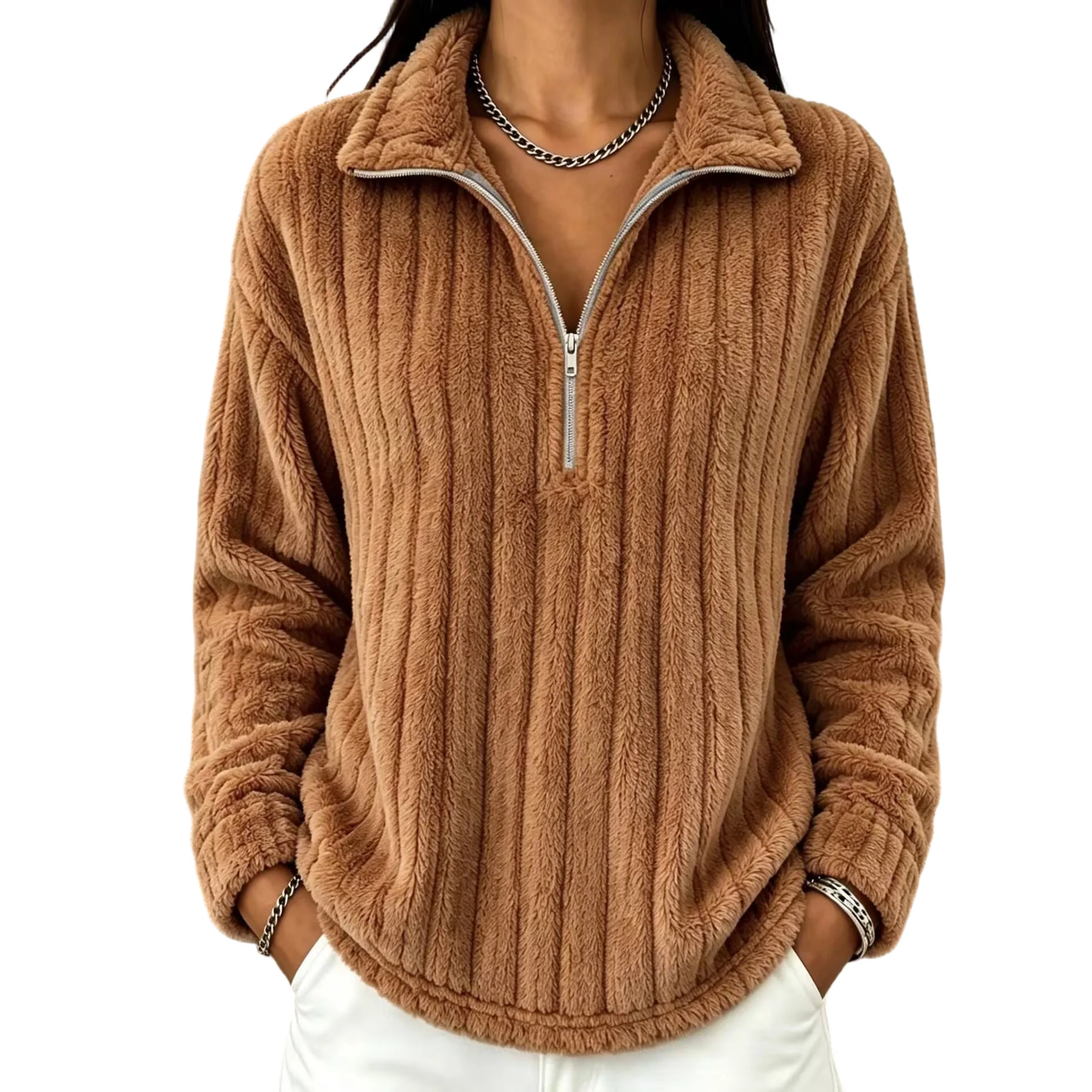 Women's Autumn Winter Turn Collar Ribbed Fleece-lined Warm Zip-up Long-sleeved Sweatshirt