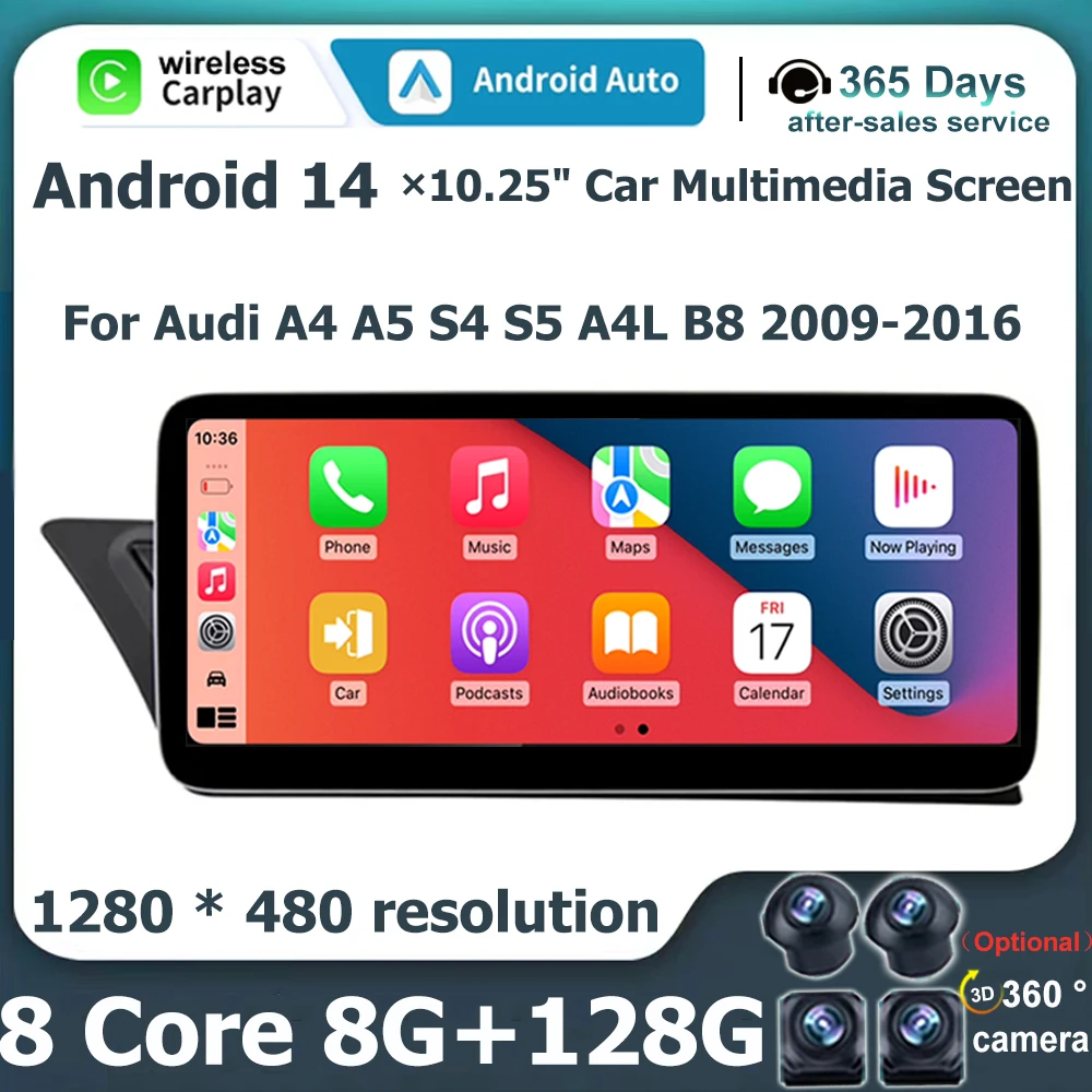 Radio Android 14 8.8" Para Audi A4 A5 B8 S4 2013-2016: 6+64GB, CarPlay, GPS, 8 Núcleos – Pantalla Táctil