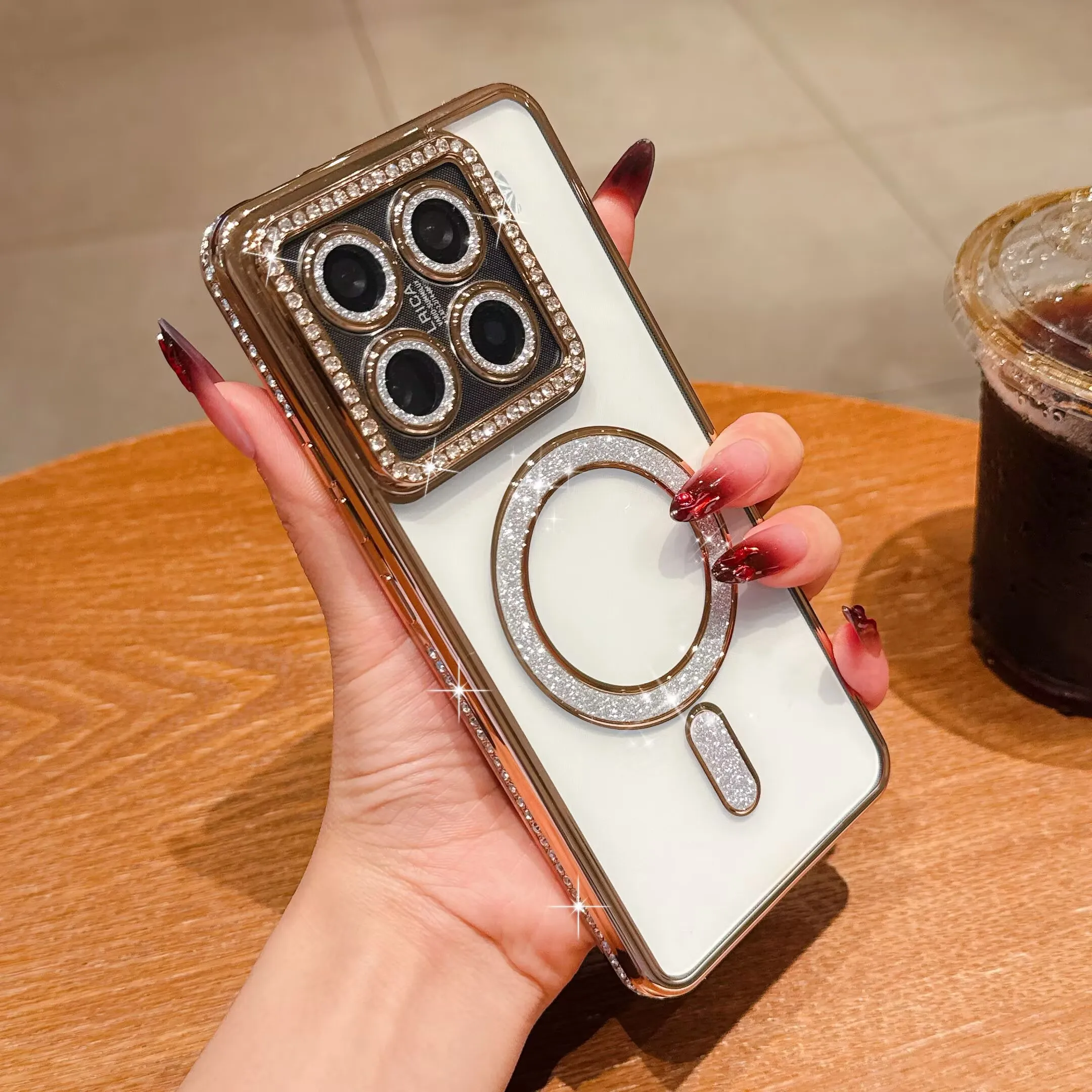 Crystal Clear Bling Magnetic Wireless Charging Phone Case with Lens Film Cover
