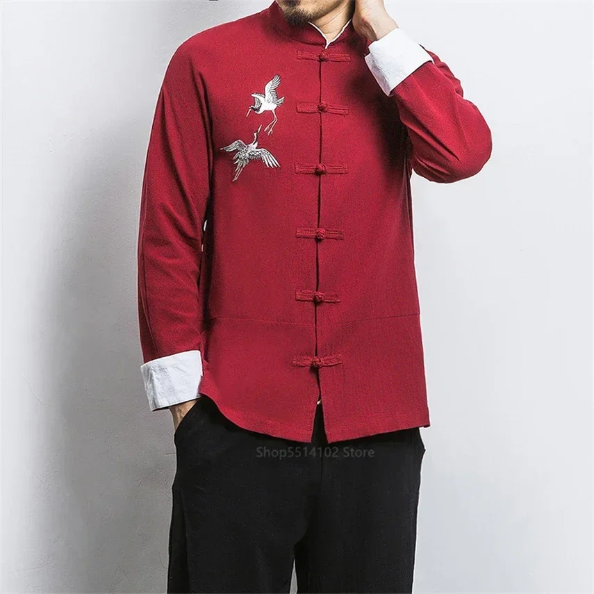 Tang Suit News Traditional Hanfu Blouse Shirts Chinese Clothing for Men Cotton Embroidery Crane Kung Fu Uniform