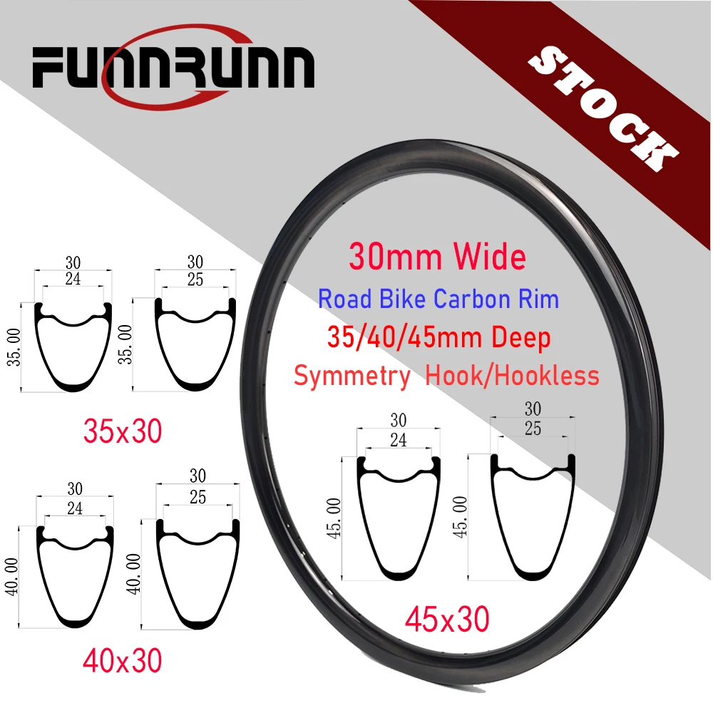 

30mm Width Symmetry 700C Road Bike Carbon Rim 35/40/45mm Depth Hook Hookless Tubeless Disc /V-Brake Bicycle Wheel