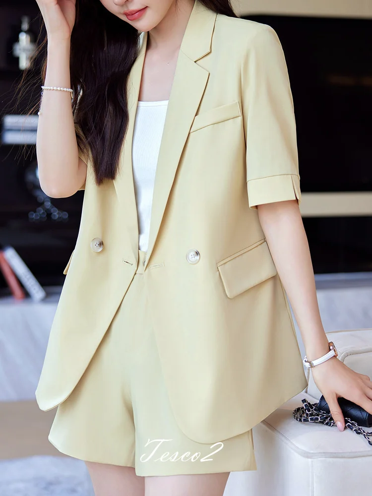Tesco Women's Suits Short Sleeve Blazer Short Pants Sets for Women 2 Piece Casual Loose Pants Sets Female Clothing 2024 Summer