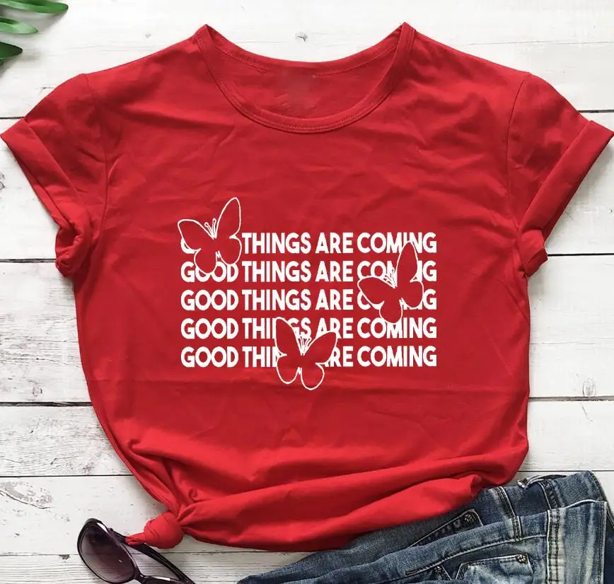 Good Things Are Coming Butterflies T-Shirt Spread Positivity Tee Women trendy casual 100%cotton Aesthetic top |