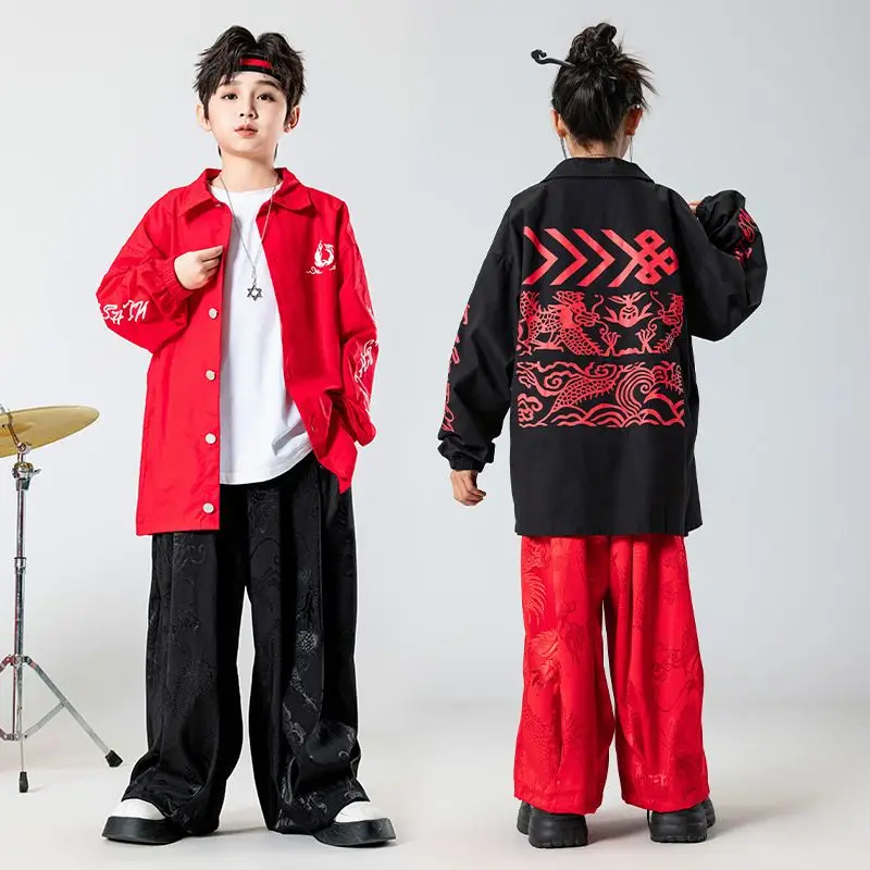 

Kids Hip Hop Street Clothing Red Oversized Shirt Casual Baggy Pants for Girl Boy Streetwear Dance Costume Teenage Jazz Clothes