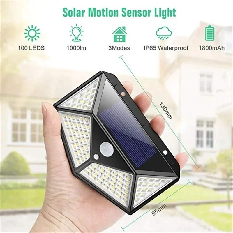 Description Picture 2 of item100LEDs Outdoor Solar Wall Light 4 Side Illuminated Waterproof PIR Human Sensor Auto On/Off Enclosure Patio Doorway Lighting