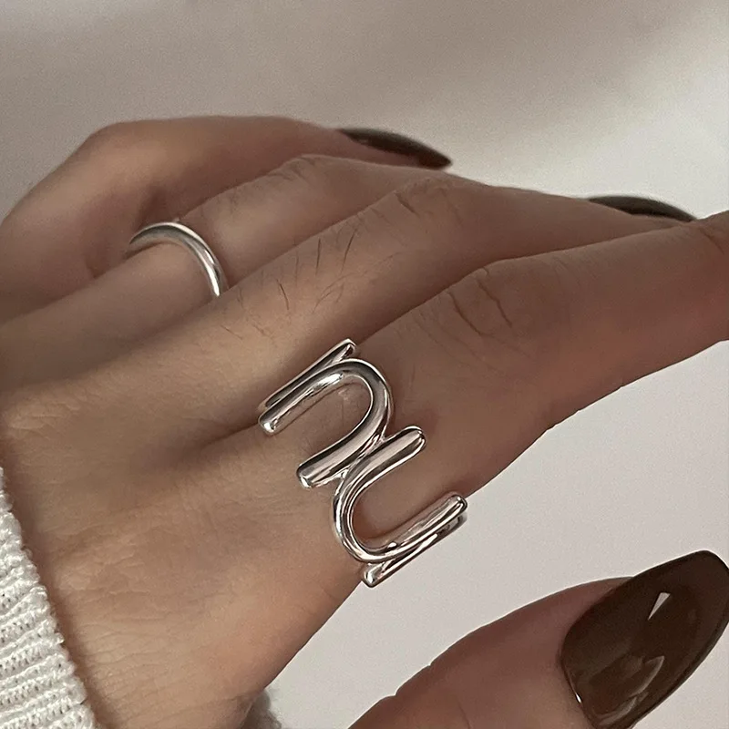 

Minimalism Trendy Silver Geometric Irregular U-shaped Lines Rings for Women Jewelry Fashion Adjustable Antique Personality Ring