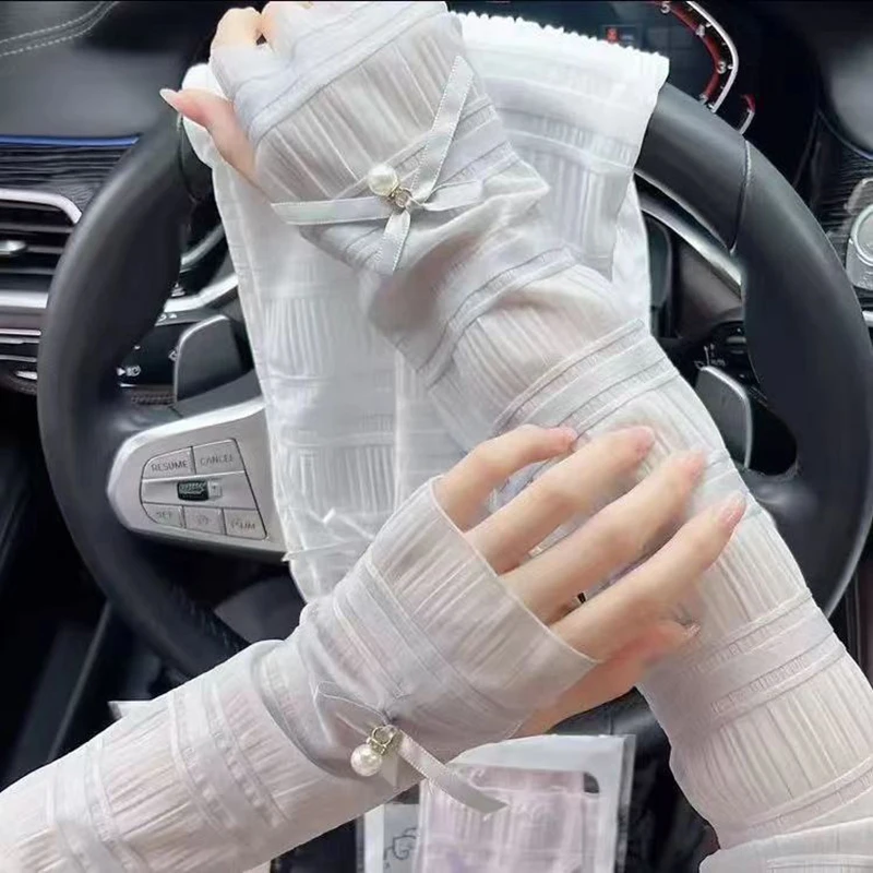Summer Pearl Sleeves Outdoor Sun Protection Women Bow Long Ice Seeves Sun Protection Sleeves Thin Gloves Sunscreen Accessories