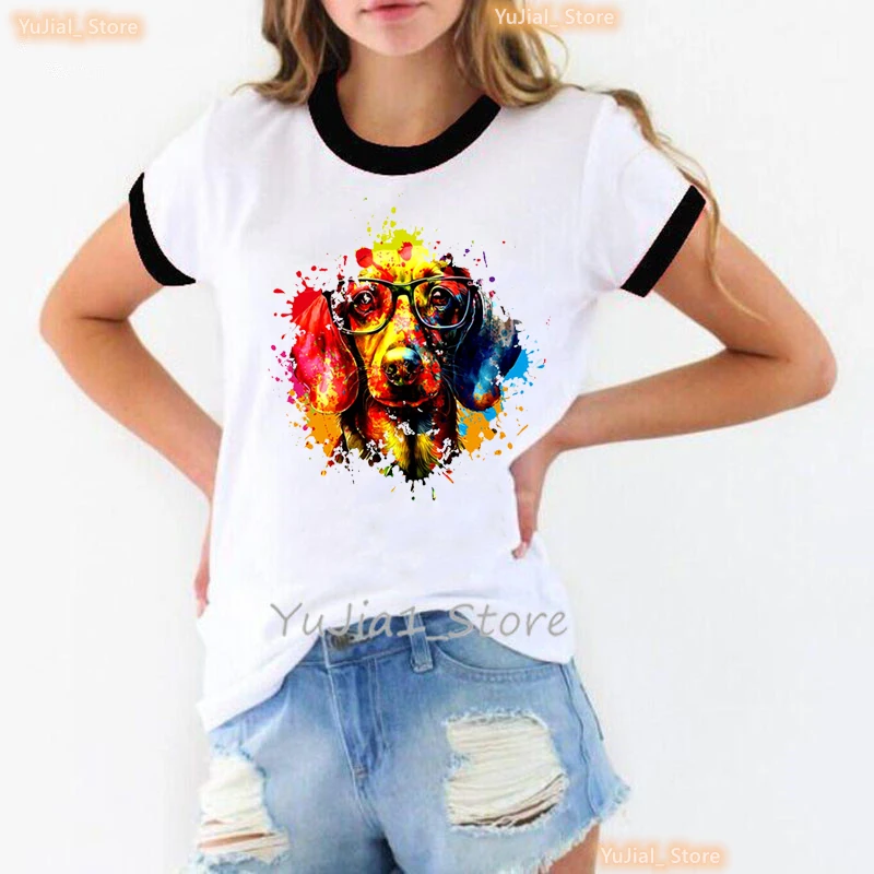 

2024 Hot Sale Colorful Dachshund Animal Print Tshirt Women Harajuku Kawaii Schnauzer Dog Lover T Shirt Femme Summer T-Shirt