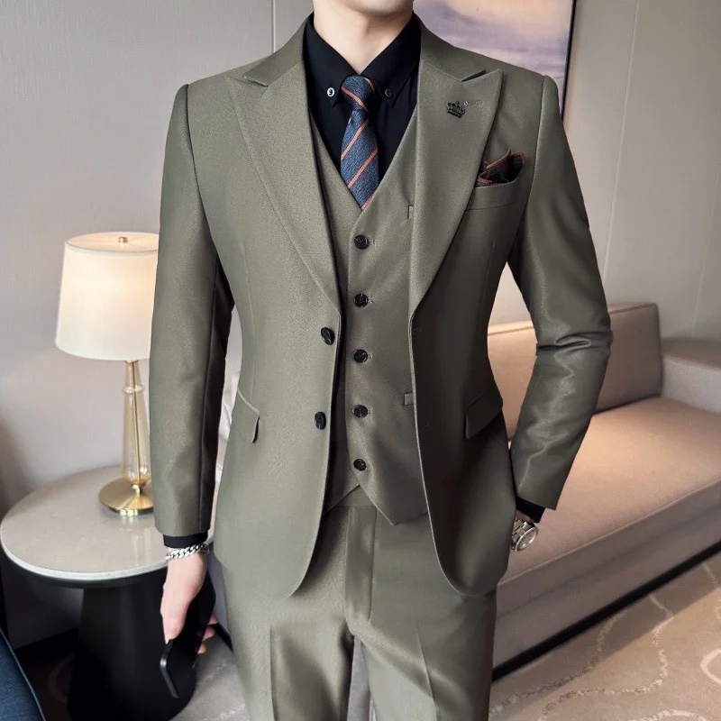 

(Blazers+Vest+Pants) Spring New British Slim Fit Double button Suit Set Official Bridegroom Wedding Tailcoat Men's 3-piece Set