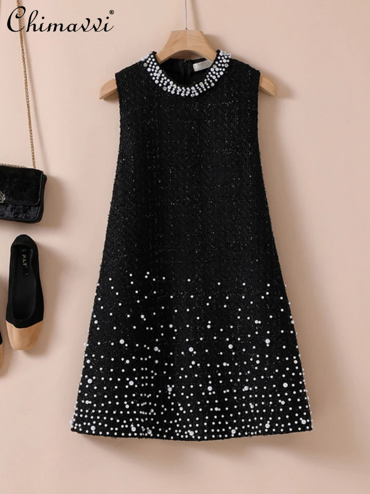 

French Socialite Beaded Rhinestone Tweed Round Neck Sleeveless Loose Waist A- Line Black Vest Short Dress Women 2024 Spring