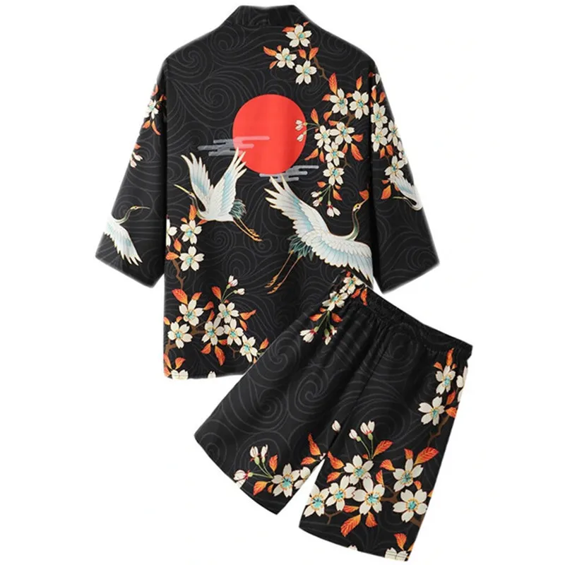 Large Size 5XL 6XL Japanese Kimono Cardigan Shorts Set Print Hannya Men Women Shirt Tradition Yukata Haori Obi Cosplay Costume