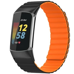 Magnetic Silicone Wristband Strap - Fitbit Charge6 5 (Black orange)