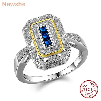 Newshe Vintage Engagement Wedding Rings for Women Real 925 Sterling Silver White & Gold Color Blue AAAAA Zircon Cocktail Ring 1