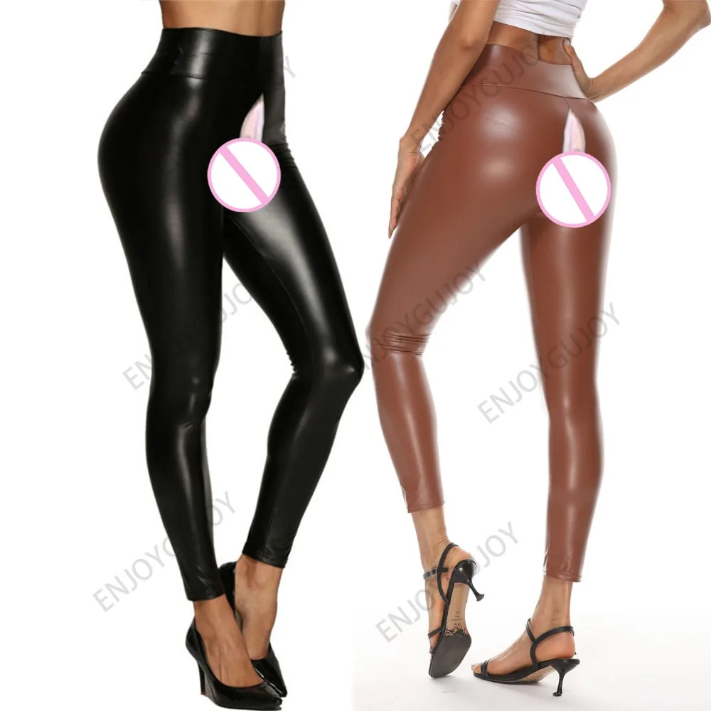 Invisible Open Crotch Outdoor Sex Hip Lifting Faux Leather Pants Plus Stretch Sexy High Waist Leggings Night Club PU Trousers