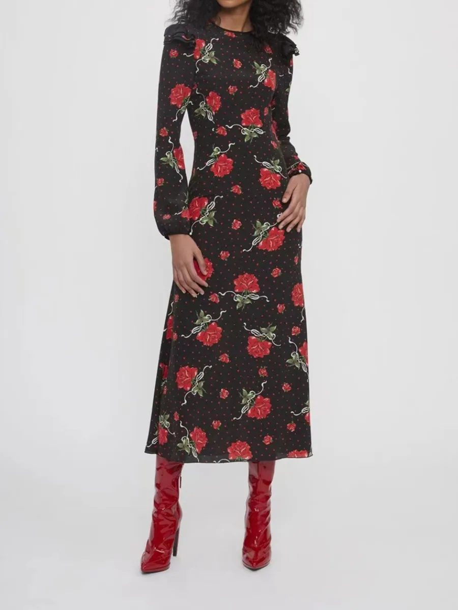 

traf women's evening dress 2023 Autumn women's clothing Fashion Printed Bubble Shoulder Dress Elegant and beautiful dresses