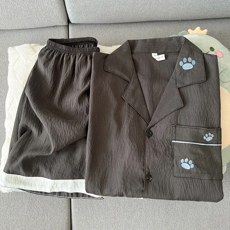 자수 패턴 남성 여름 신상 파자마 세트 한국 스타일 캐주얼 귀여운 2PCS 남성 라운지웨어 홈웨어 패션 부드러운 잠옷