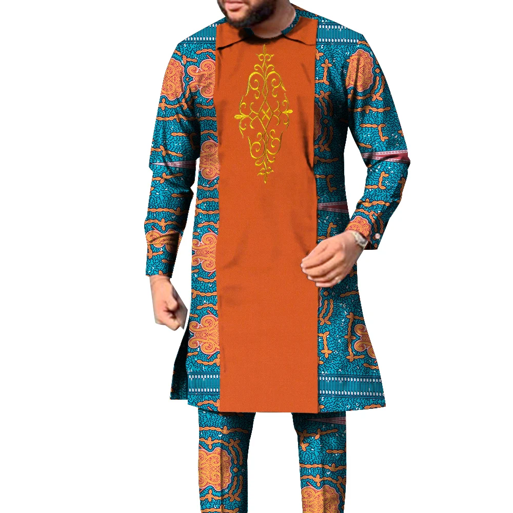 Abito Maschile Africano Dashiki 2 Pezzi – Maniche Lunghe, Ricamo, Vestito Da Cerimonia, Taglie M-3XL