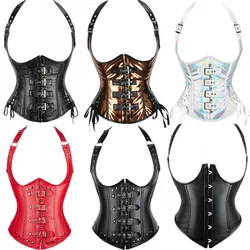 Sexy Halter Faux PU Leather Corset Top Strap Corselet Buckled Bustier Waist Trainer Vest Corset Underbust Women's Steampunk
