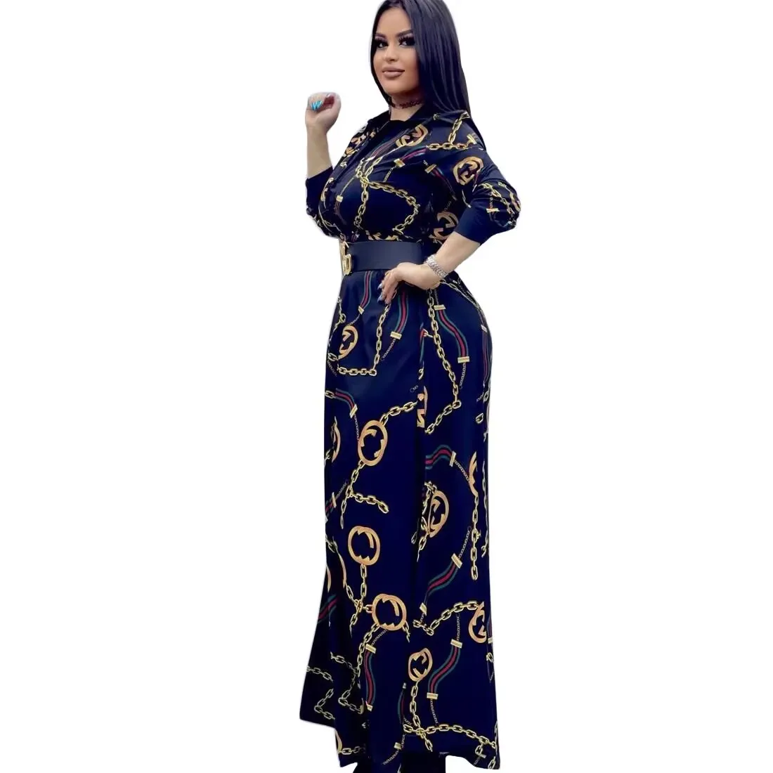 

2024 New Arrivals Lapel Long Sleeve Printed High Waist A-Line Dress Fashion Club Party Fashion Elegant Women's Dress Vestidos