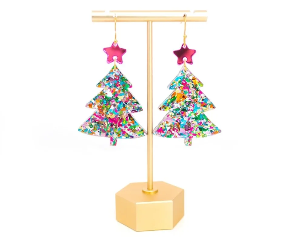Acrylic Dangle Earrings Christmas Tree 18k GOLD Hook Ear Women's Fashion Pink Multi-Color Festive Jewelry Gifts Girls Mom