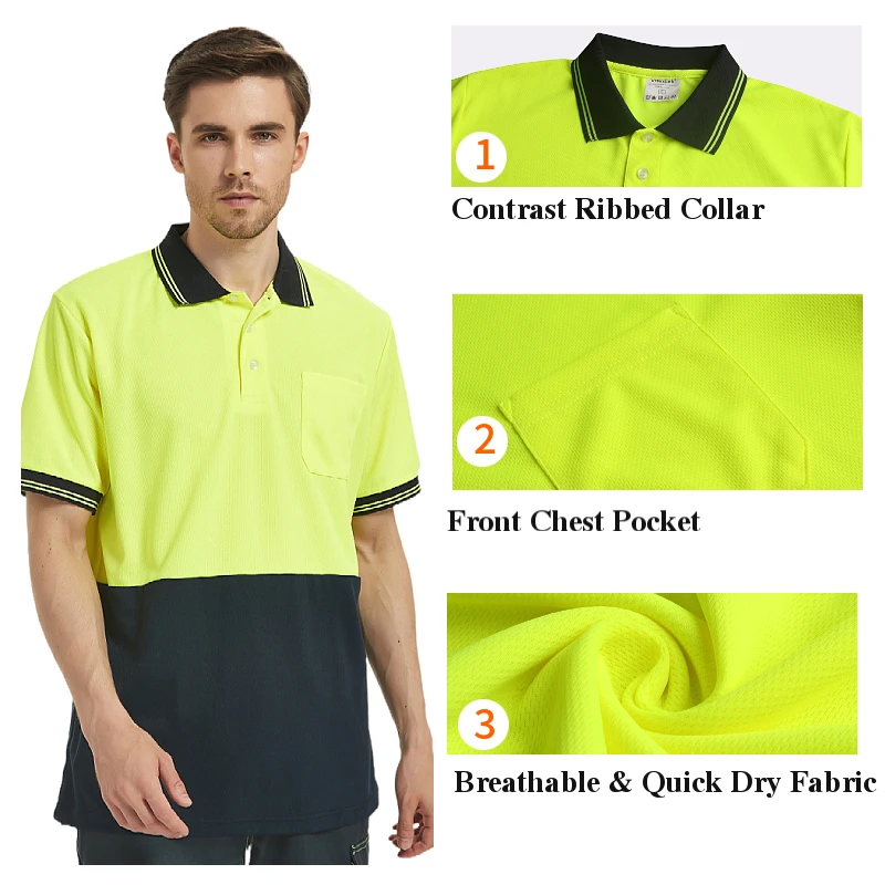 Hi Vis 로고 인쇄가있는 남성용 투톤 셔츠 노란색 해군 빠른 건조 안전 반사 셔츠 자동차 오토바이 용 작업복