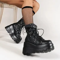 Women's Goth Cosplay Wedge Combat Ankle Boots Fashion Stylish Punk Buckle Lace-up Zipper Dress Boots Ladies Summer Outdoor Shoes - Image 4