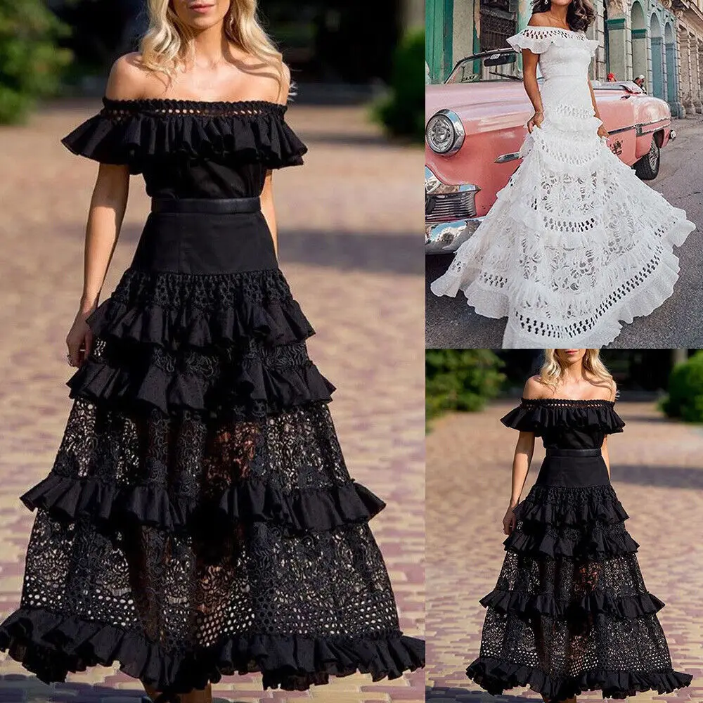 Bohemian Off Shoulder White Black Women Dresses Off Shoulder Lace Floor Length Evening Party Gowns Tiered Ruffles Lady Dresses