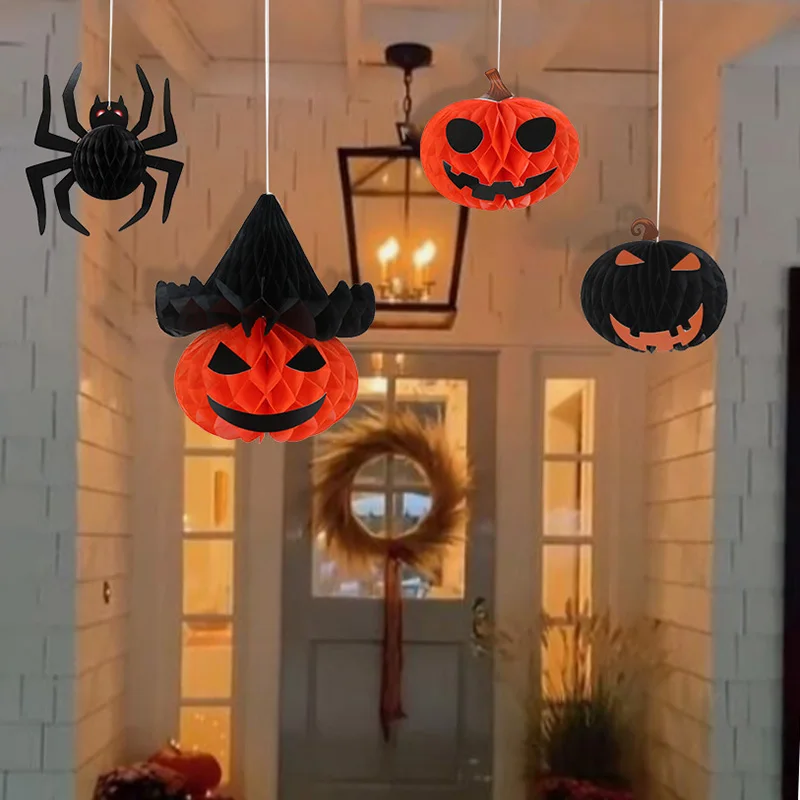Halloween Spider Pumpkin Honeycomb Ball Decoration Home Table Ornaments Halloween Paper Hanging Paper Lantern Kids Gift Favors
