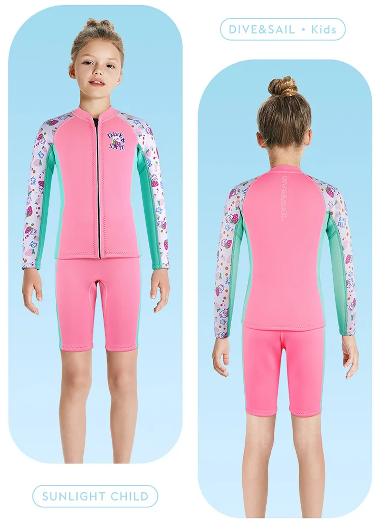 Description Picture 4 of item2.5MM Diving Suits Neoprene Wetsuits Kids Swimwears Long Sleeves Shorts Two Piece Set Girls Surfing Swimming Children