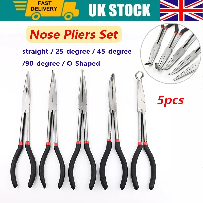 5PCS Straight Needle Nose Pliers Set 25°/45°/90° Curved Nose Pliers 11 Inches Long Reach Straight Pliers O-Shaped Round Pliers