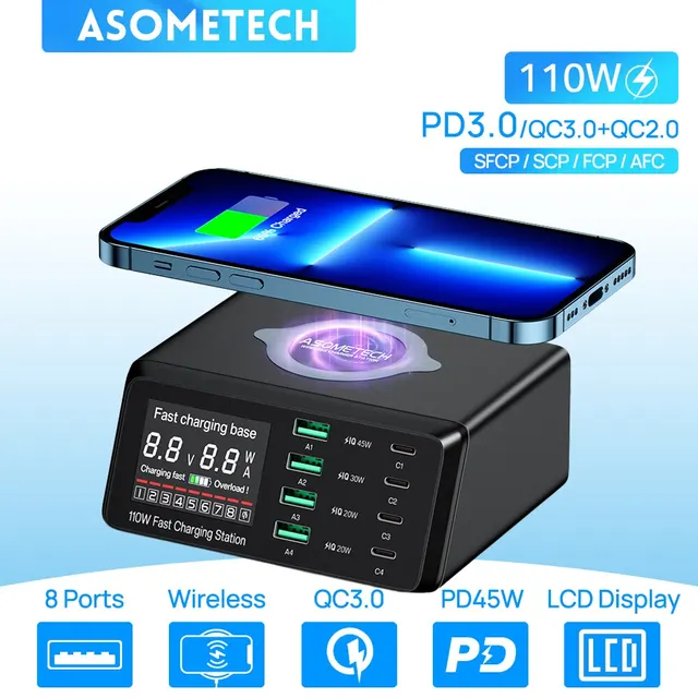 ASOMECH 110W USB tipo C cargador inalámbrico multi puertos cargador de teléfono rápido PD QC3.0 carga rápida para iPhone 14 13 Xiaomi