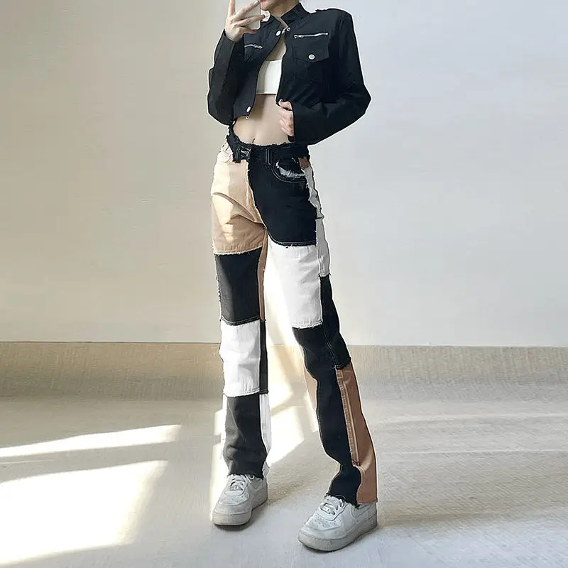 Jeans Striped Patchwork Rough Selvedge Street Oumeigao Steet Casual Hip Hop High Waist Loose Straight Jeans Women Fashion Jeans