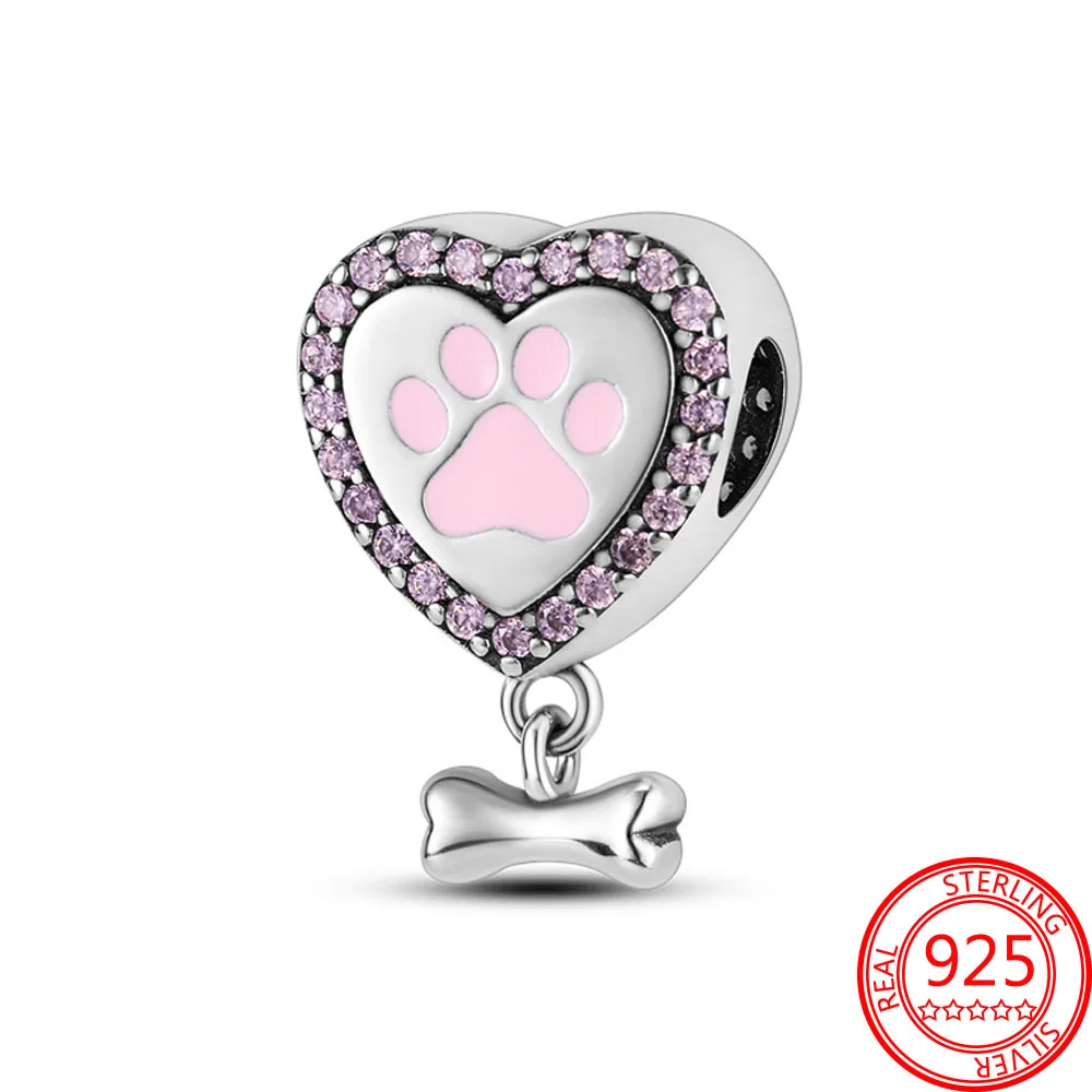 

Cute Animal 925 Silver Pet Dog Paw & Bone Pink Dangle Charm Fit Pandora Bracelet and Necklace Fine Jewelry For Women