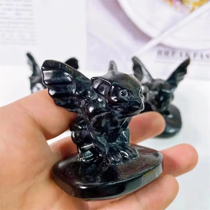 

5.5cm Natural Black Obsidian Gargoyle Hand Carved Polished Quartz Statue Healing Gemstones Crafts For Home Decorations 1pcs