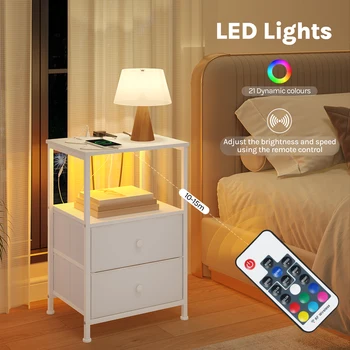 WOLTU Comodino moderno Comodino con illuminazione a LED regolabile Prese di ricarica USB 2 cassetti Comodino per camera da letto 1