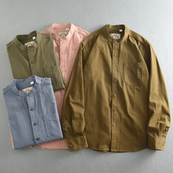 Camicia a maniche lunghe con colletto Henry maturo leggero di fascia alta in puro cotone 100% per uomo primavera e autunno camicia casual retrò americana 1
