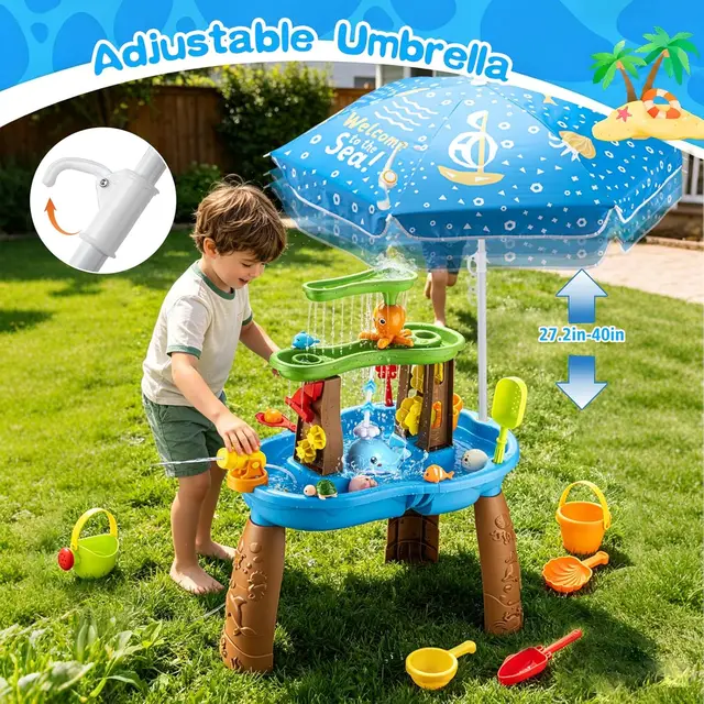 2026 Toddler Water Table with Umbrella & Fishing Game, Outdoor Toy with Auto Electric Pump, Sensory Playset for 3-8 Year Old Boys Girls