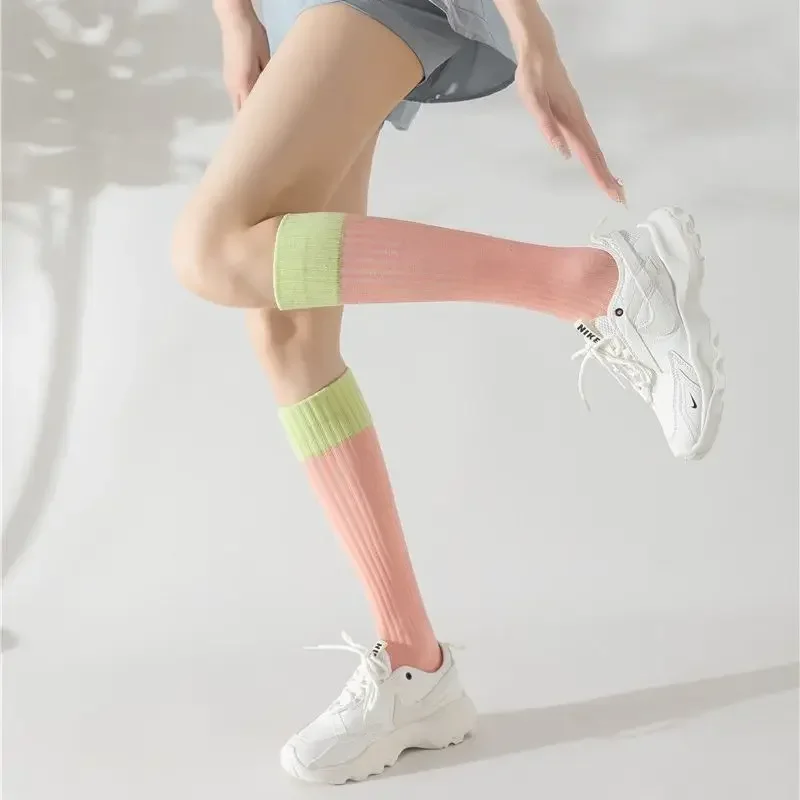 Girl's Color Matching Sports Pressure Socks Contrast Leg Socks Fitness Jump Rope Yoga Women's Dopamine Long Tube