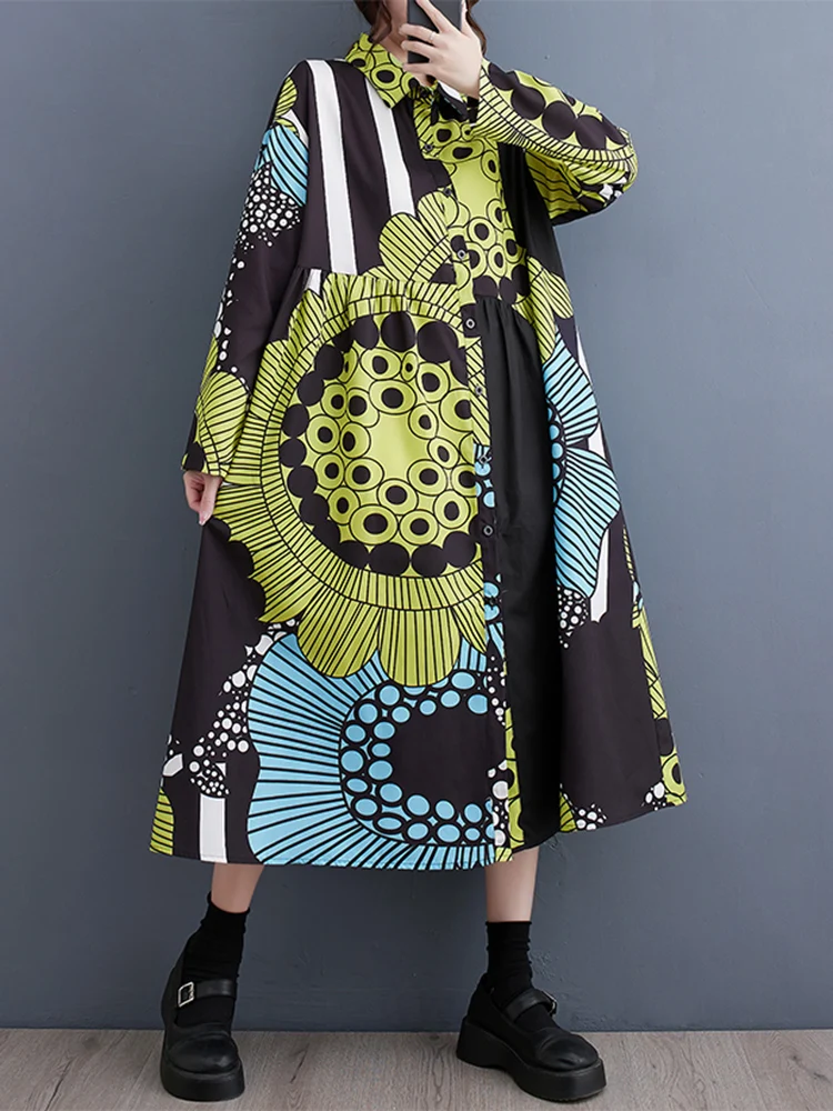 Long Sleeve Vintage Pattern Print Shirt Dresses For Women New Loose Casual Midi Dress Fashion Elegant Clothes Spring Autumn 2025