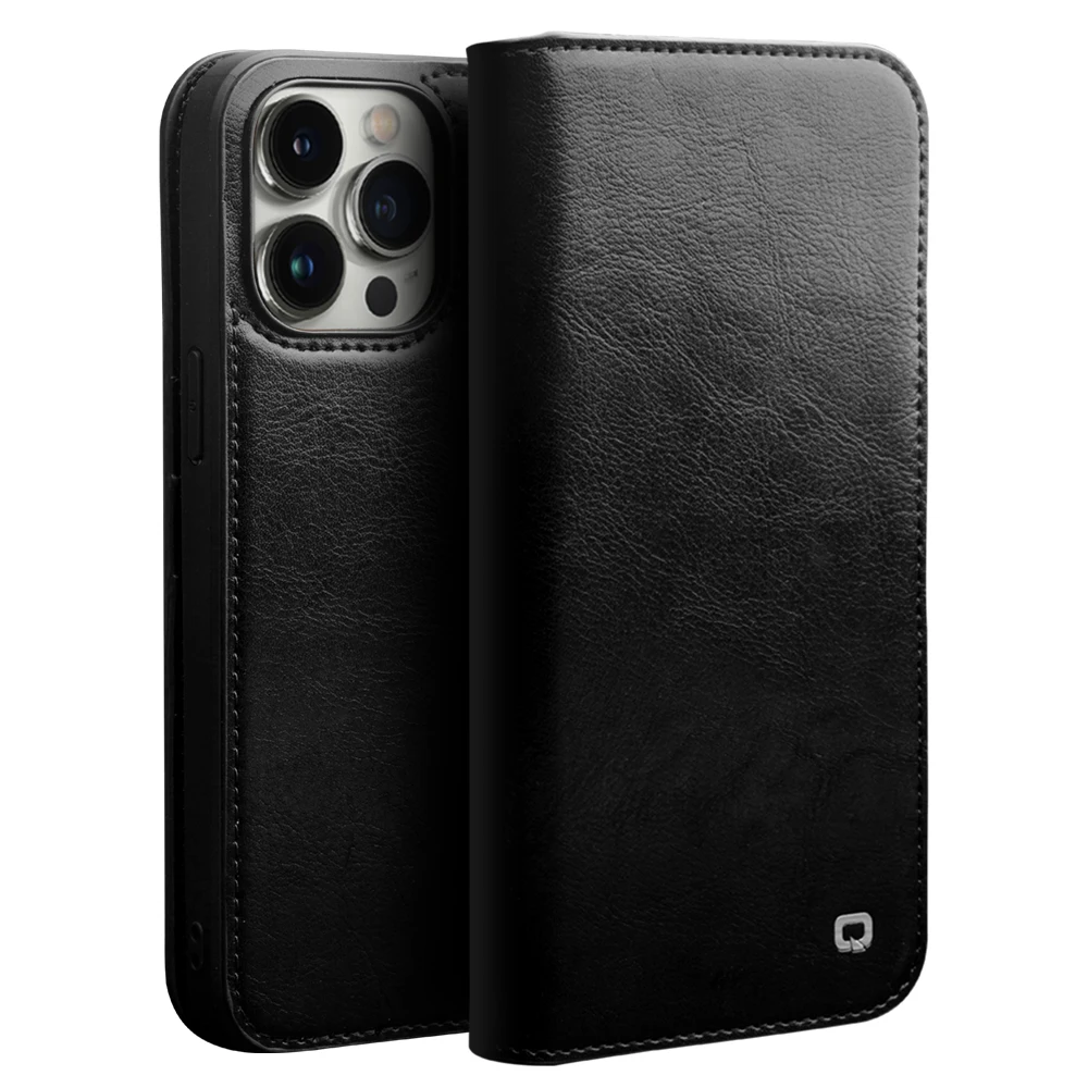 QIALINO Luxury Ultra Slim Handmade Case for iPhone 14 Pro Max Genuine Leather Wallet Card Slot Bag Flip Cover for iPhone 14 Plus