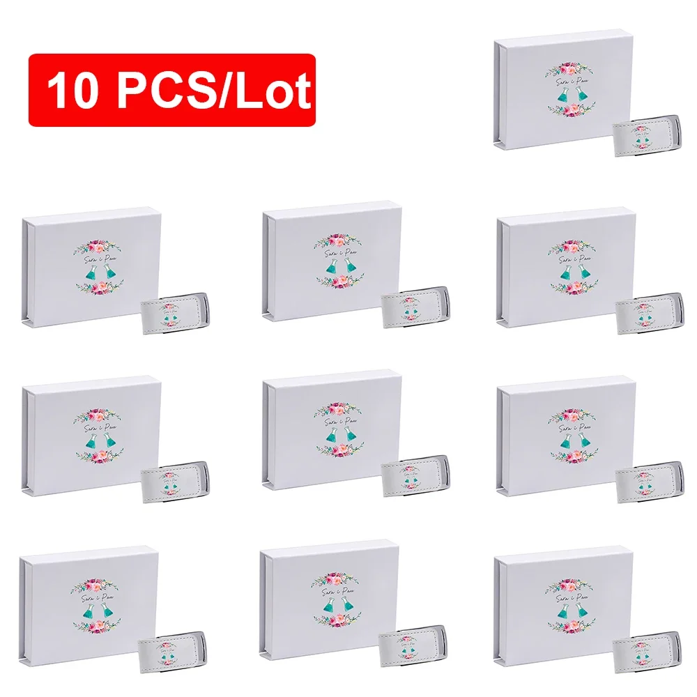 Custom Wedding Gift Box Usb 2.0 Flash Drive Impressão a Cores Custom Pen Drive Couro de Capacidade Real Memory Stick 64gb 10 Pcs por Lote