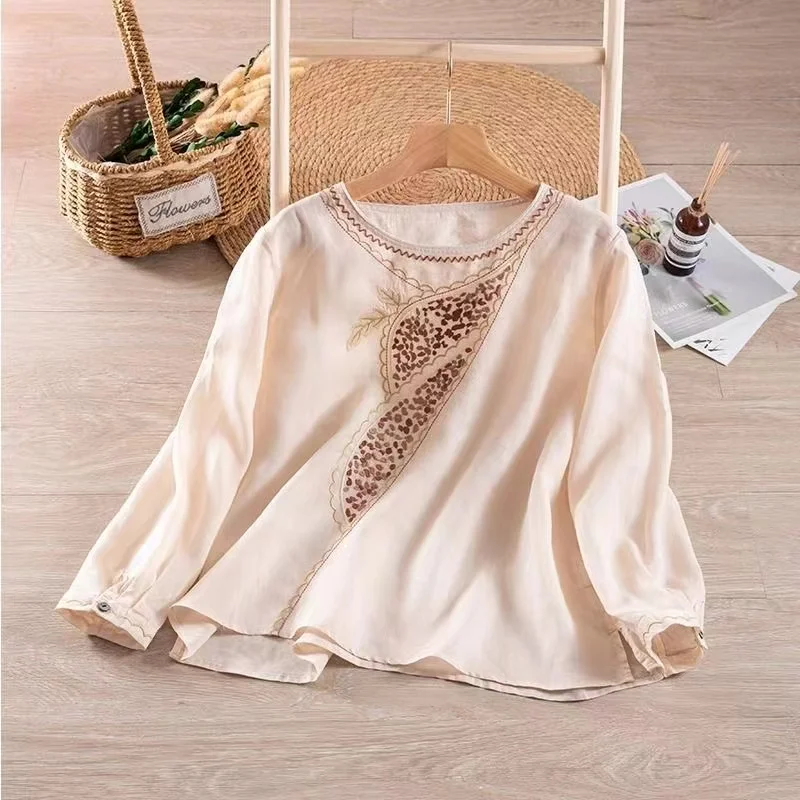 2024 Folk Cotton Linen Embroidered Shirt Women's Spring Summer Round Neck T-shirt Loose Versatile Retro Pullover Long Sleeve Top