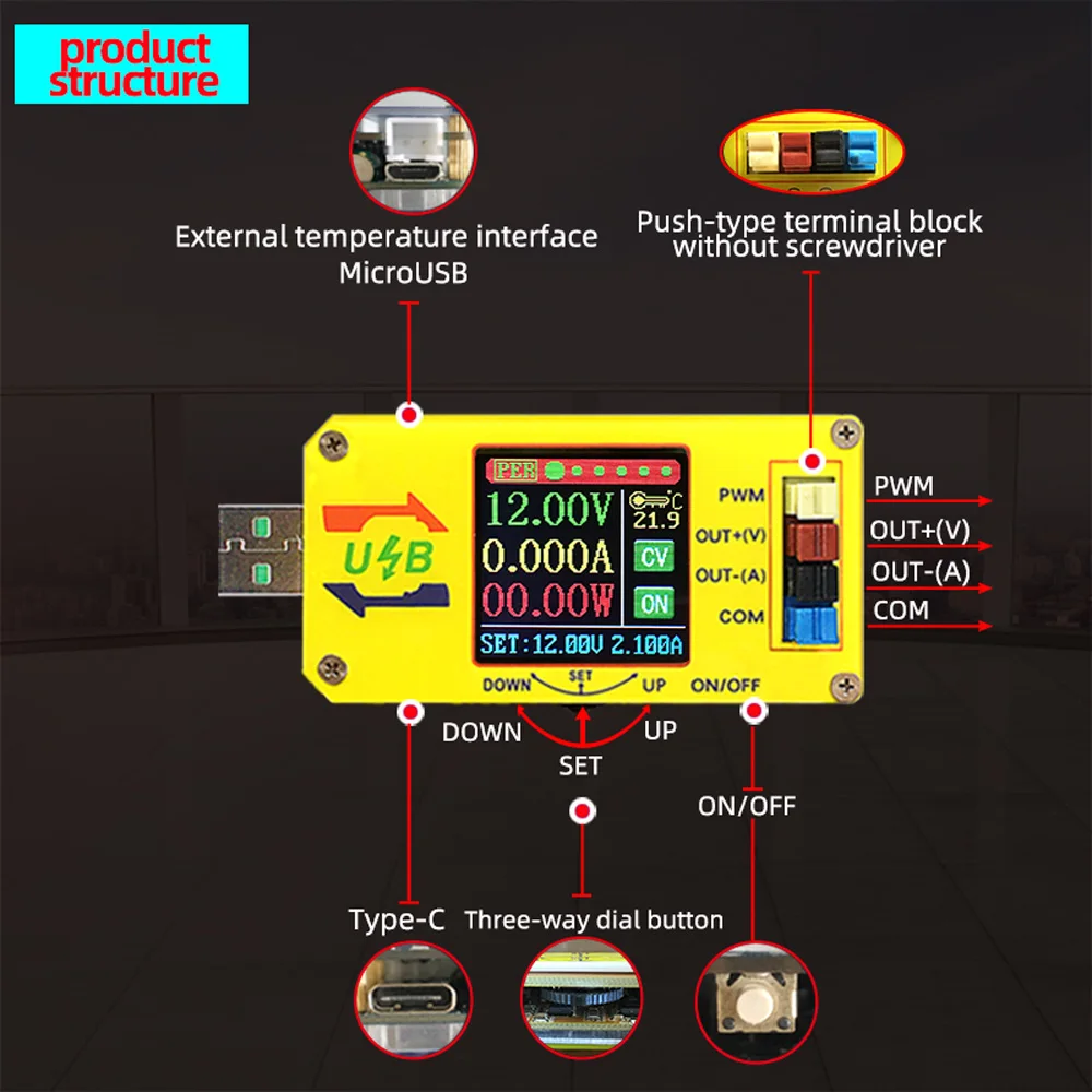XY-UDTA CNC USB 전압 스텝 업 다운 전원 공급 모듈 1.44인치 LCD 디스플레이 15W 볼트미터 암페어미터 쿨로미터 PWM 제너레이터